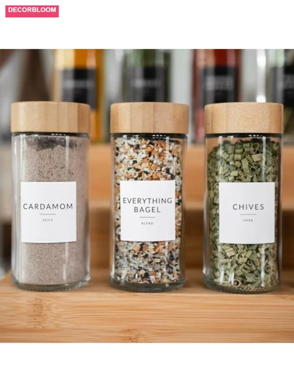 24 Glass Spice Jars with Bamboo Lids & 374 Labels, Shaker Lids